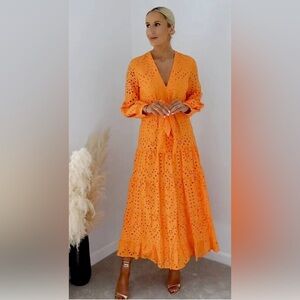 Zara BLOGGER FAVORITE glam orange eyelet maxi belt party sundress DRESS XS S